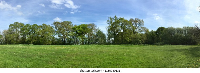 Panorama, Meadow And Trees Of The Normandy Countryside, A Sunny Day In April