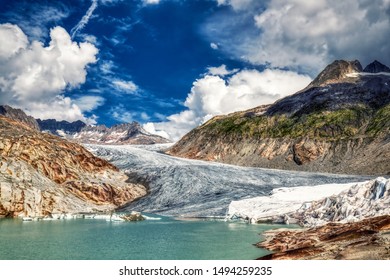 panorama of melting rhone glacier in swiss alps, switzerland