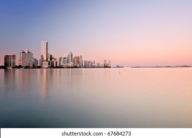 Panorama Of Miami Bayfront And Cruise Port, At Approaching Dusk