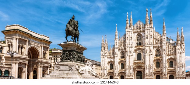 Panorama of the Milan city center, Italy. Galleria, monument to Victor Emmanuel and Milan Cathedral in summer. This place is a top tourist attraction of Milan. Beautiful view of the Milano landmarks.