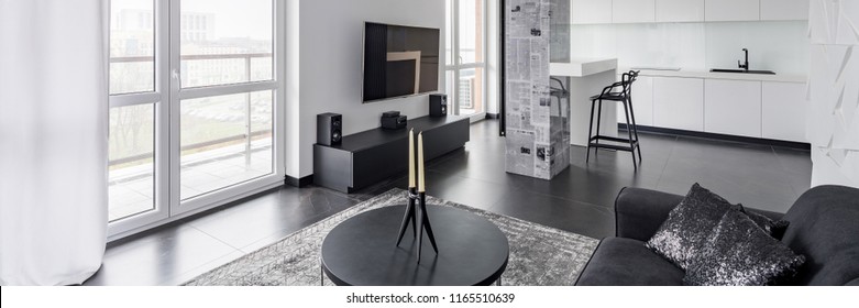 Panorama Of Monochromatic Home Interior In Black And White