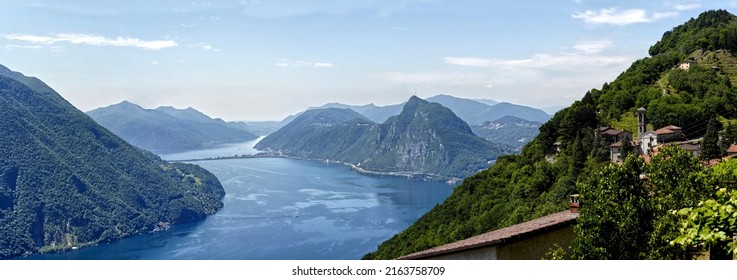 Panorama Monte Brè Above Lugano, Lugano Lake And The Mountains, The Alps.