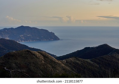 Panorama from Monte Fasce at sunset, with a view of Monte di Portofino and Punta Chiappa. Liguria, Italy