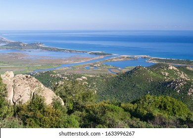 Panorama from Monte Liuru, in backgrounfd the coast of Muravera