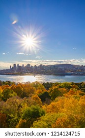 Panorama of Montreal's skyscrapers in fall of October 2018.