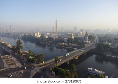 Panorama Of Morning Cairo, Overlooking The Nile. Light Haze, Egypt. Cold Colors. Landscape