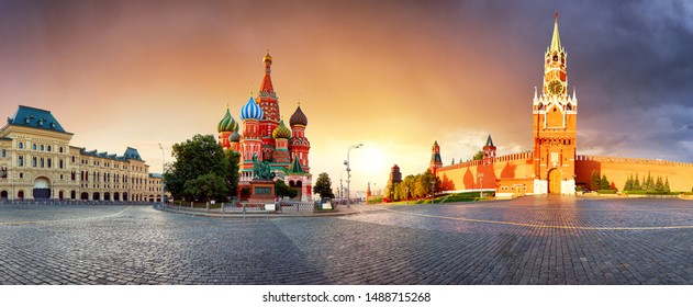 Panorama in Moscow at sunrise, Red square with saint Basil in Russia
