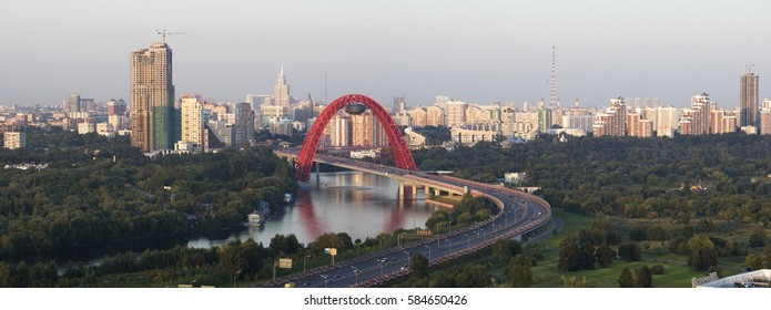 Panorama Of Moscow And Zhivopisny Bridge On The Sunset