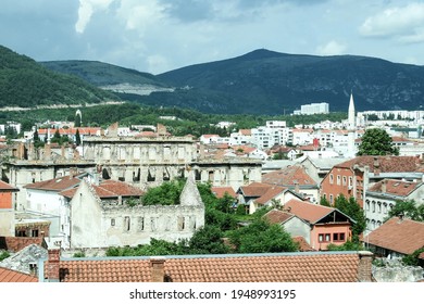 Panorama Of Mostar, In Bosnia And Herzegovina, Seen From Above, With A Focus On War Damaged Buildings Due To The 1991-1995 Conlict That Opposed Bosniaks, CRoats And Serbs.

