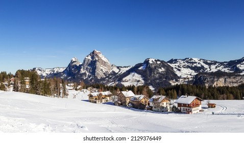 Panorama of Mount Mythen (Gross and Klein) covered with snow in winter viewed from Stoos, Canton Schwyz, View from Stoos.