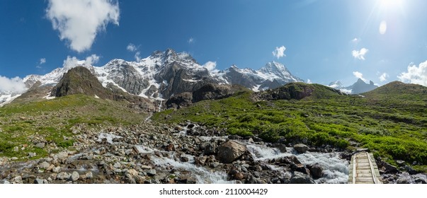 Panorama of Mountain Hiking Trail in Swiss Alps, Schmadribachfall, Stechelberg, Switzerland