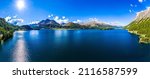 Panorama of a mountain lake. River lake under summer sky landscapes