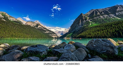 Panorama of a mountain lake. Mountain lake view. Mountain lake panoramic landscape. Mountain lake panorama