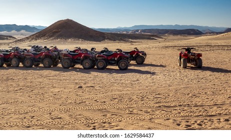  Panorama Of Mountain Landscape In Egypt With Quads, No People. Active Leisure And Adventure In A Stone Desert - Extreme Tour Or Safari For Tourists On Quad Bikes.