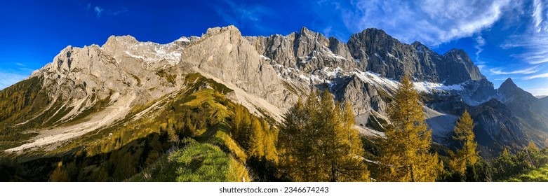 Panorama of the mountain range in autumn. Autumn mountain panoramic landscape. Autumn mountain panorama. Beautiful mountain panorama - Powered by Shutterstock