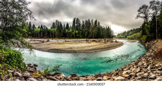 Panorama of a mountain river in the forest. Forest river panoramic landscape. Forest river panorama. River bend in forest