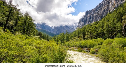 Panorama Of The Mountain River, Walkway In Yading Nature Reserve In Daocheng County, China. Blue Sky With Copy Space For Text