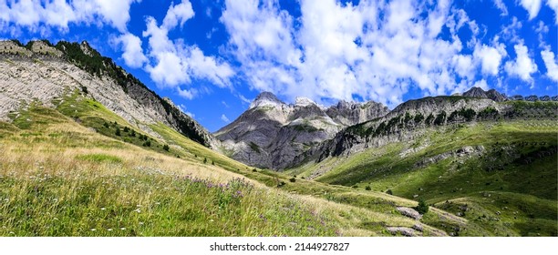 Panorama of the mountain valley of the hills. Mountain hill valley panorama. Mountain panoramic landscape. Mountain hill valley