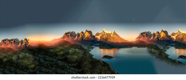 Panorama of the mountain valley of lakes in the morning fog. Mountain lake panoramic landscape. Beautiful mountain panorama. Lake in mountains - Shutterstock ID 2156477939