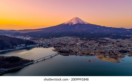 Panorama Mt Fuji Aerial View Of Kawaguchiko Lake, Japan