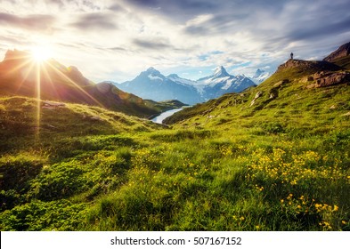 Panorama of Mt. Schreckhorn and Wetterhorn. Popular tourist attraction. Dramatic and picturesque scene. Location place Bachalpsee in Swiss alps, Bernese Oberland, Grindelwald, Europe. Beauty world.