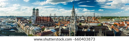 Panorama of Munich city center (Marienplatz with Frauenkirche and old townhall)