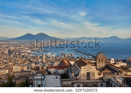 Panorama of Naples, view of the port in the Gulf of Naples and Mount Vesuvius. The province of Campania. Italy.