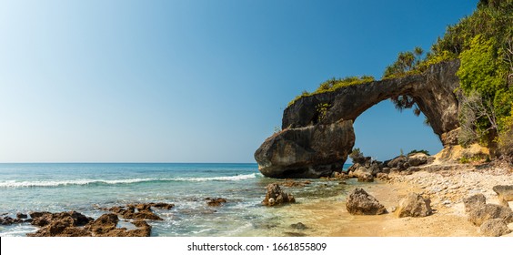 Panorama of the natural coral bridge on Lakshmanpur beach no 2 on Neil Island in Andaman and Nicobar Islands, India during high tide without people. 