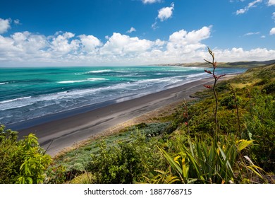 Panorama Of Ngarunui Beach, Perfect Surfing Spot In Raglan, Waikato, New Zealand