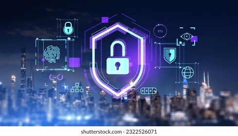 Panorama of night city skyline with immersive data protection interface with padlock, fingerprint and shield. Concept of cybersecurity and biometric scanning - Powered by Shutterstock