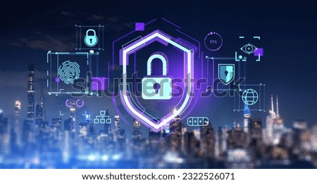 Panorama of night city skyline with immersive data protection interface with padlock, fingerprint and shield. Concept of cybersecurity and biometric scanning