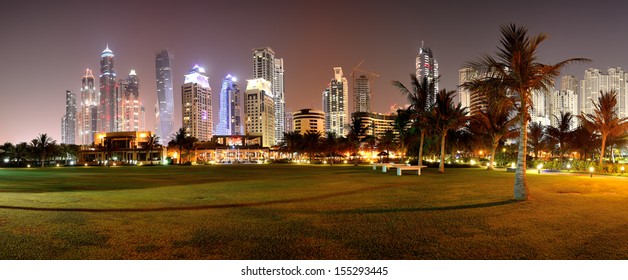 Panorama of night illumination of the luxury hotel, Dubai, UAE