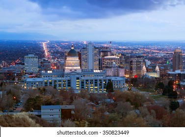 Panorama Of The Night In Salt Lake City In The Winter Before Christmas, Utah, USA