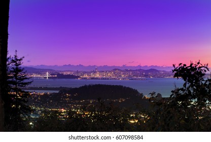 Panorama Night View of San Francisco Bay, East Bay, Oakland, Berkeley, Kensington, El Cerrito, Golden Gate Bridge, Alcatraz