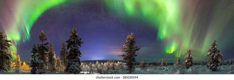 Panorama Of Northern Lights Over Lapland, Finland.