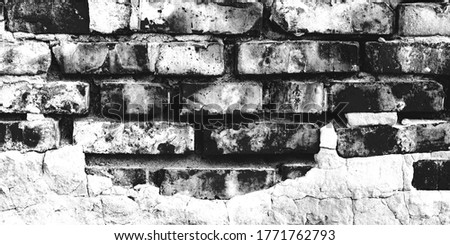 Panorama old brick wall pattern texture, masonry background, gray tone, black and white