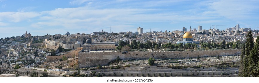 Panorama of the Old City in Jerusalem. View of the Temple Mount from the Mount of Olives.