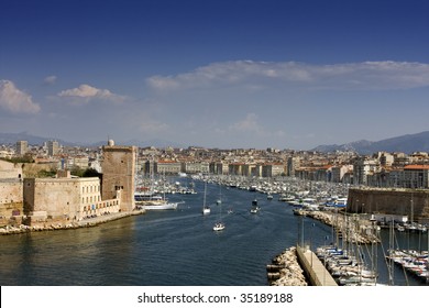 Panorama Of Old Port Of Marseille  With Blue Sky