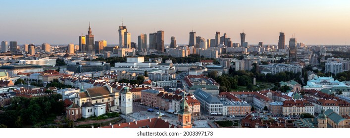 Panorama Of Old Town And Downtown Of Warsaw From Drone Perspective During Sunset