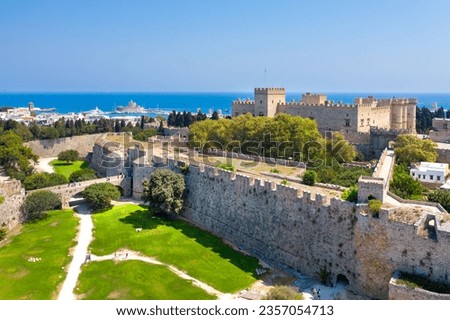 Panorama of old town, famous Knights Grand Master Palace and Mandraki port,   Rhodes island, Greece.