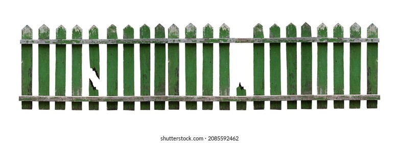 Panorama Of Old Wooden Fence Isolated On White Background. Broken Fence