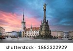 Panorama of Olomouc, Czech Republic at sunset. The Square and the Holy Trinity Column enlisted in the Unesco world heritage list and Astronomical clock in the building of the Town Hall 