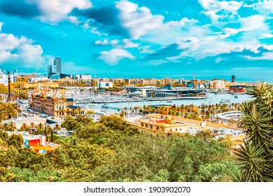 Panorama On Barcelona Seaport From Montjuïc Castle.Catalonia.Spain.