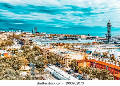 Panorama On Barcelona Seaport From Montjuïc Castle.Catalonia.Spain.