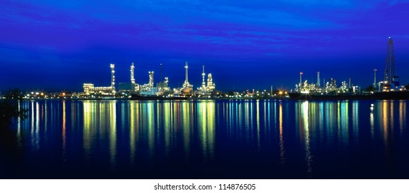 Panorama On Liquid And Natural Petroleum Gas Refinery Plant Area At Twilight, Bangkok, Thailand.