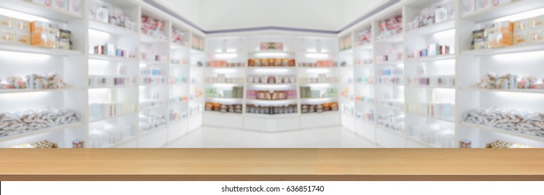 panorama on medicine cabinet and store medicine and pharmacy drugstore for Blurry background  with Perspective wood