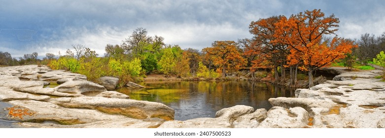Panorama of Onion Creek at Upper Falls Area McKinney Falls State Park Austin Central Texas