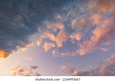 Panorama of orange sunset sky cloudy view with bright sun. Relaxing endless heaven dreamy positive energy template. Looking up freedom summer sunrise sky. Beautiful colorful sky background