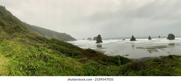 Panorama of the Oregon coast on a bright but foggy winter day - Powered by Shutterstock