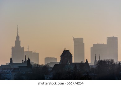 Panorama Over Warsaw Center With Heavy Smog